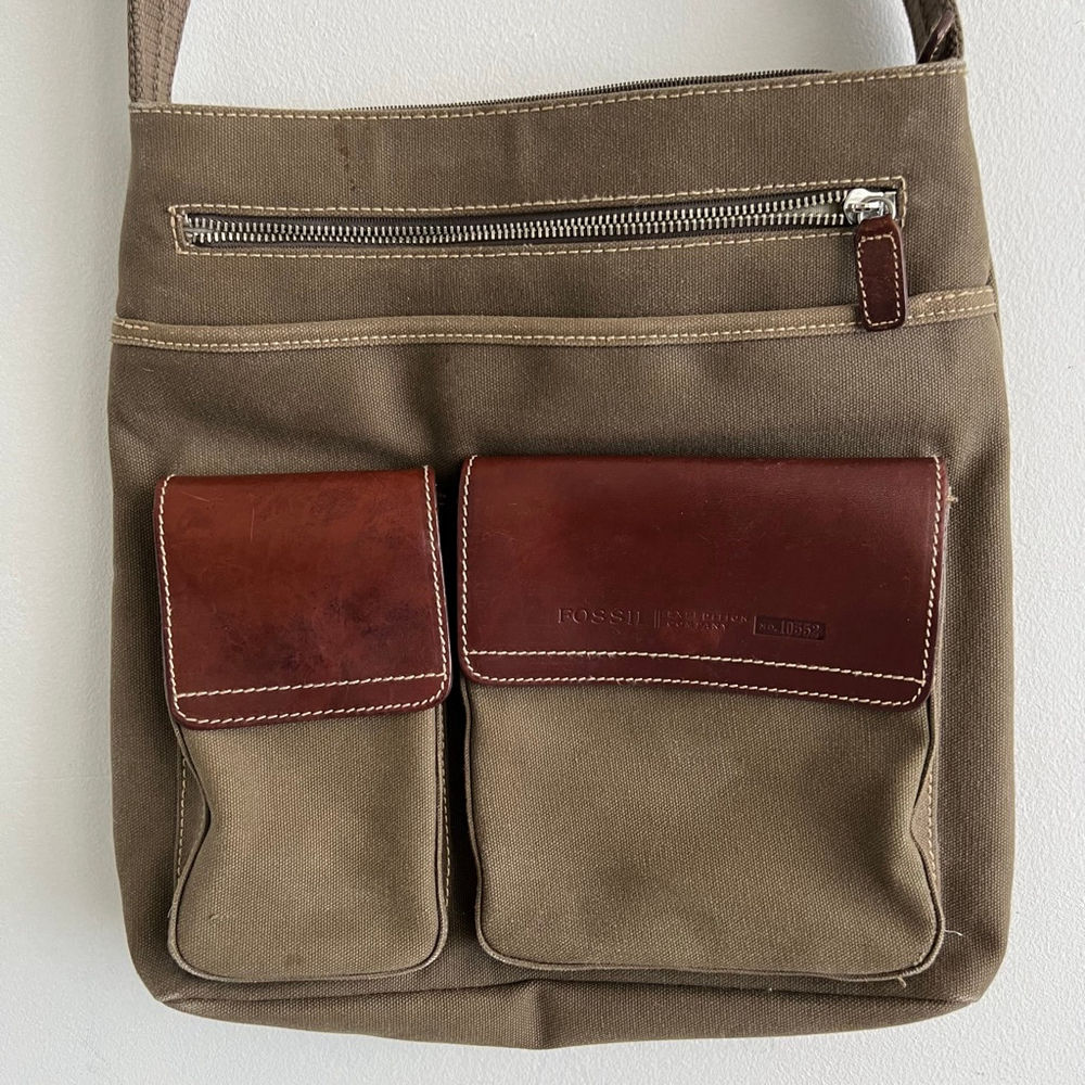 Fossil Brown Tan Canvas Crossbody Bag One Size